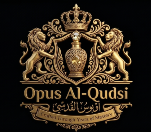 Opusalqudsi luxury attar logo in gold with oil drop and elegant Arabian design