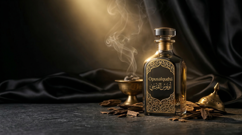 Opusalqudsi Noir Al Oud luxury attar with oud wood and incense in dark Arabian setting