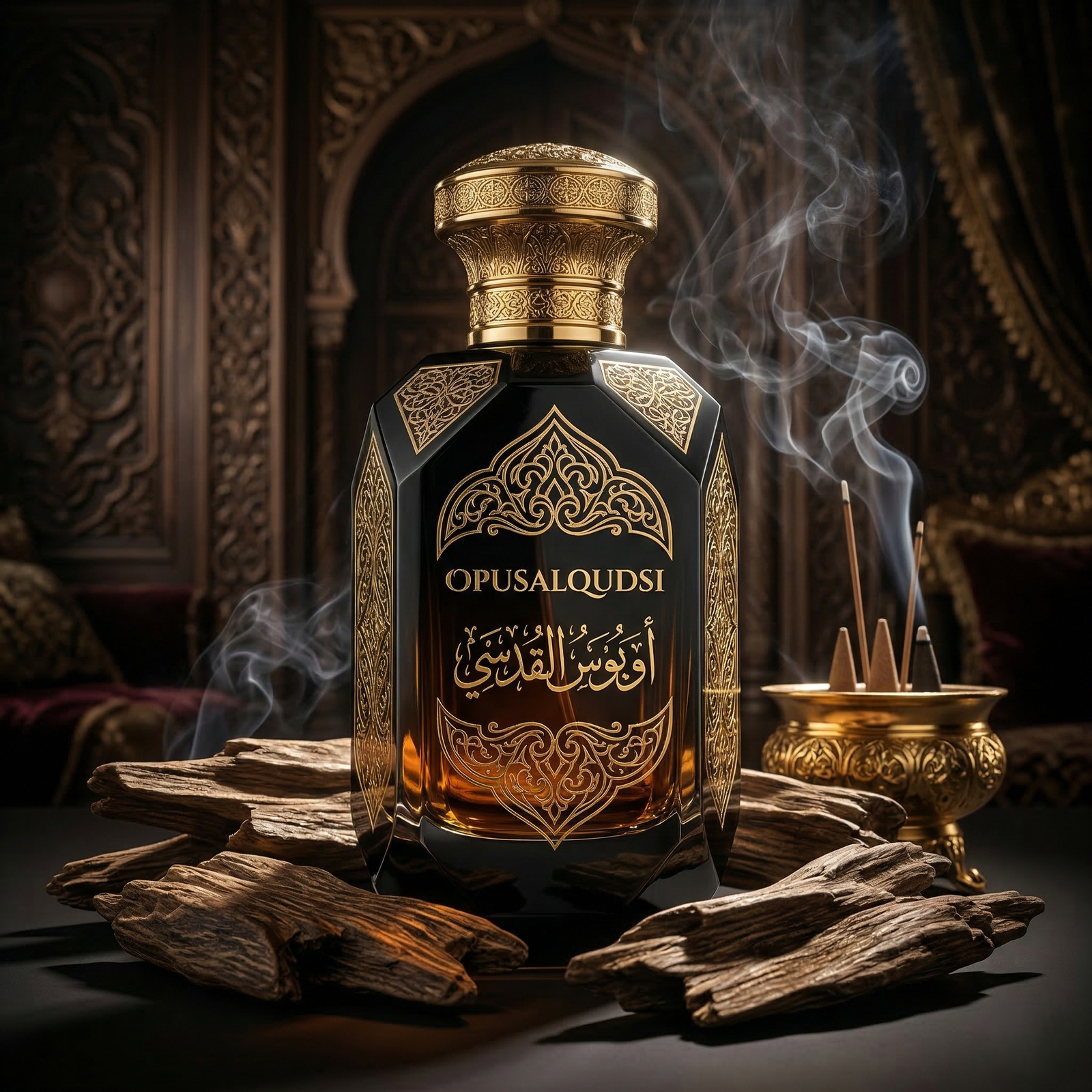 Opusalqudsi Royal Oud luxury attar with rich oud wood and incense, premium dark fragrance